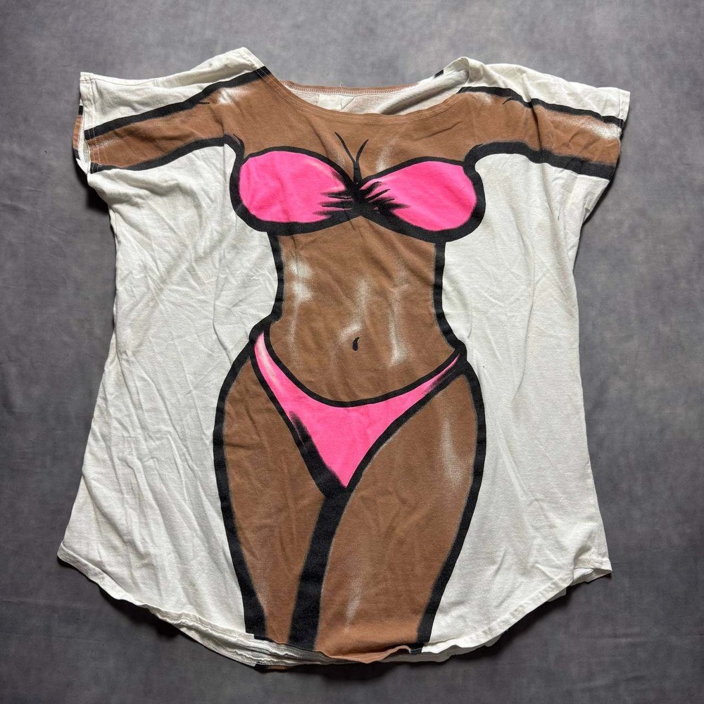 Vintage Bikini Body Graphic T-Shirt Pink Swimsuit Cover Up White Tee Large